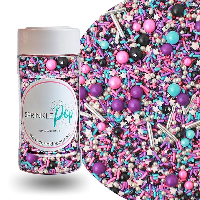 Sprinkle Pop Milky Way Sprinkle Mix| Pink Black Blue Purple Sprinkles With Silver Metallic Dragees| Space Galaxy Stars Sprinkles Made in USA for Decorating Cakes Cookie Cupcakes Ice Cream, 4oz