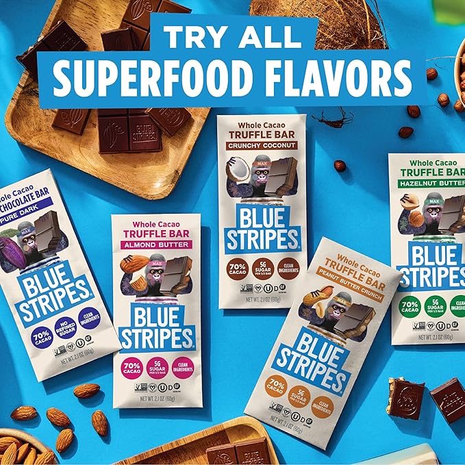 Blue Stripes - Almond Butter Whole Cacao Truffle Chocolate Bars, 70% Cacao, Almond Butter, Healthy Chocolate, Vegan, No Refined Sugar, Non GMO, Gluten Free, 2.1 OZ
