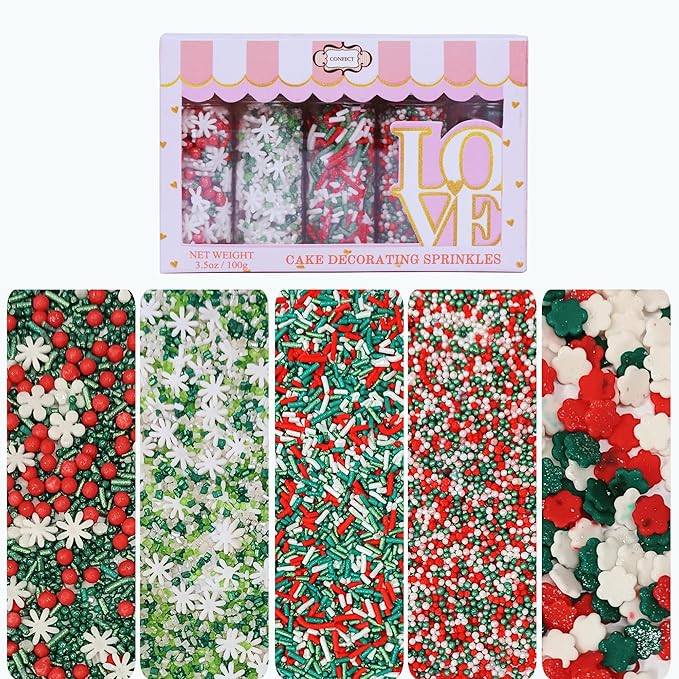 Confect Christmas Sprinkles | Christmas Sprinkles - Snowflakes in Red, Green & White I Confetti Pearls & sparkling for Dessert Decorating