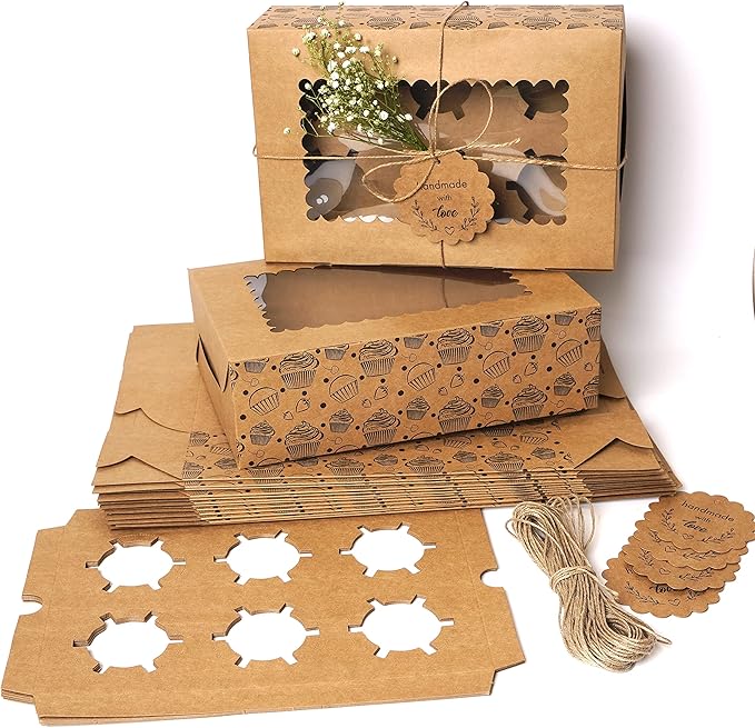 20-Pack Brown Cupcake Boxes with Insert Trays, Tags and Twine | Food Grade Kraft Bakery Boxes with Window to Fit 6 Cupcakes
