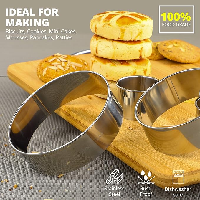 Cookie Cutters Set, 7 Pc. Kit, Measuring 1'', 1.5'', 2'', 2.5'', 3'', 3.5'', and 4'', Round Metal Baking Rings for Pastry, Biscuits, and Dough Cutting, Heavy Duty and Reusable, Multiple Sizes