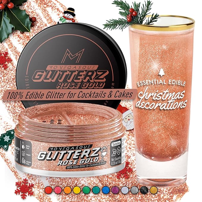 MONÉGASQUE Rose Gold Edible Glitter for Drinks 10g – Rose Gold Edible Glitter for Cakes – Chocolate, Cupcake, Strawberries, & Christmas Cake Decorations Sparkles – Cocktails & Drink Shimmer Powder