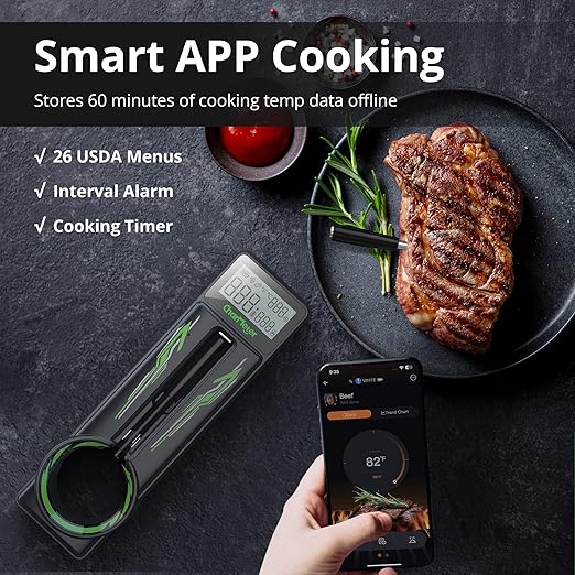 Smart Wireless Meat Thermometer with Ultra-Thin Probes, App Control Bluetooth Meat Thermometer, LCD Screen Wireless Thermometer for Smoker,Grill, and Oven, Free Hand