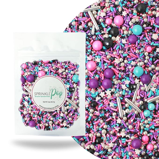 Sprinkle Pop Milky Way Sprinkle Mix| Pink Black Blue Purple Sprinkles With Silver Metallic Dragees| Space Galaxy Stars Sprinkles Made in USA for Decorating Cakes Cookie Cupcakes Ice Cream, 2oz