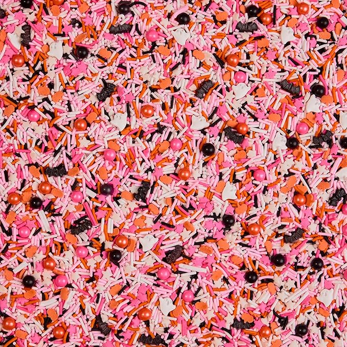 Fancy Sprinkles Glam Reaper Sprinkles Pink, Orange, Black, and White Crunchy Jimmies Candy Pearls, Bats and Pumpkins (0.5c)
