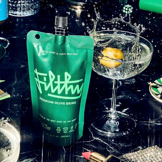 Filthy Olive Brine, Premium Cocktail Mixer, Filtered for Dirty Martinis, Olive Juice for Cocktails Made from Naturally Cured Olives, Non-Alcoholic, Non-GMO, Gluten Free, 8 Oz Pouch, 2 Pack