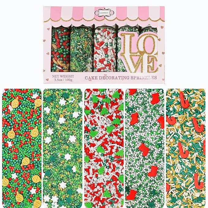 Confect Christmas Sprinkles | Christmas Sprinkles - Green White Silver Red & Gold Pearls Sparkling sugar I Christmas Tree Stocking & Candy Canes for Dessert Decorating- 5 Oz