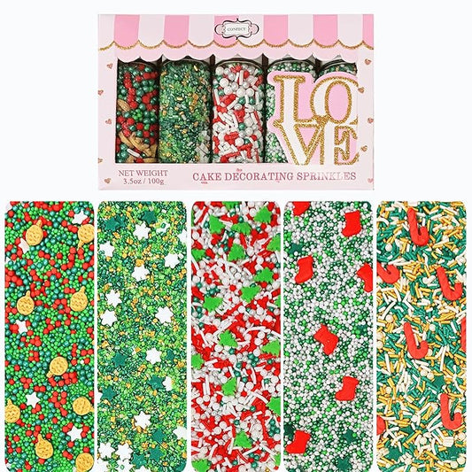 Confect Christmas Sprinkles | Christmas Sprinkles - Green White Silver Red & Gold Pearls Sparkling sugar I Christmas Tree Stocking & Candy Canes for Dessert Decorating- 5 Oz