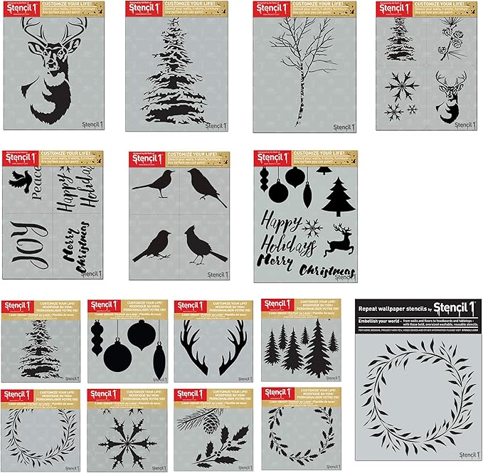 Stencil1 Ultimate Winter Holiday 16 Pack Set Stencil – Reusable Winter Christmas Template for DIY Crafts, Holiday Decor, Painting on Wood, Fabric, Cards & More - 8.5" x 11"