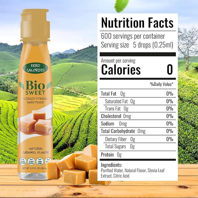 BioSweet Stevia Drops - Caramel Flavor | Zero Calorie Liquid Sweetener | Non GMO, Keto & Diabetic Friendly, Gluten Free, Vegan | Nothing Artificial | 3,000 drops (5.07 Fl Oz)