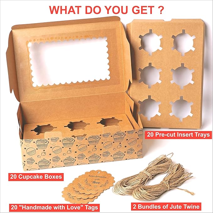 20-Pack Brown Cupcake Boxes with Insert Trays, Tags and Twine | Food Grade Kraft Bakery Boxes with Window to Fit 6 Cupcakes