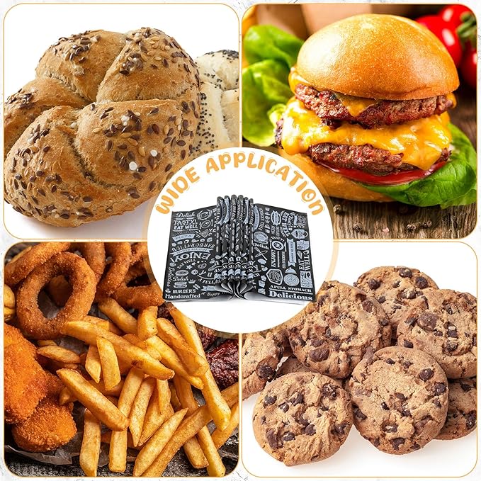 Marspark 200 Pcs Deli Wax Paper Sheets 12 x 12 Inches Square Grease Resistant Tray Basket Liners Hot Dog Wrappers Newsprint Water and Grease Proof Sandwich Wrapping Paper for Food Baking (Black White)