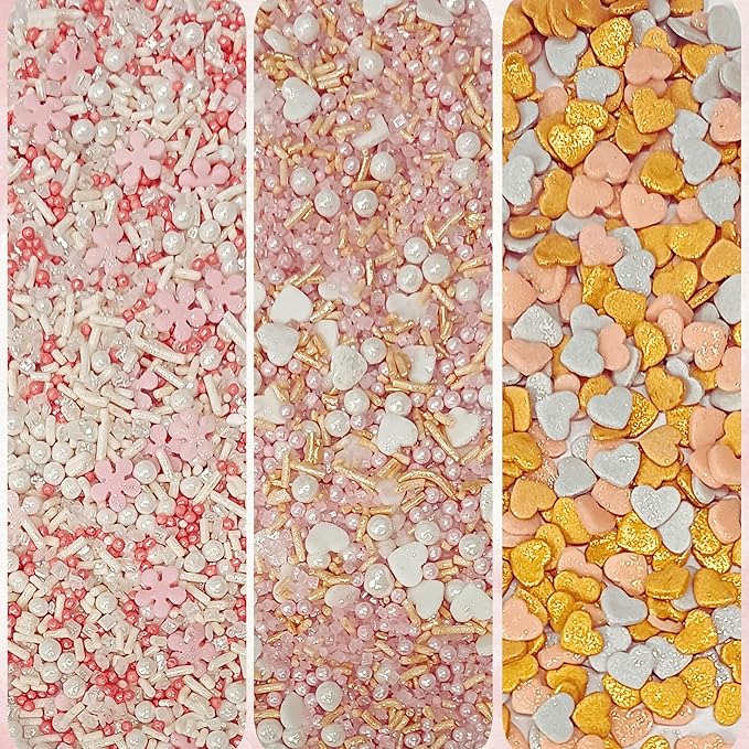 Confect Pink, Silver, Gold & White Pearl Sprinkles Mix – Edible Baking Decorations for Cakes, Cupcakes, Cookies – Valentine’s & Celebration Sprinkle Set – Pack of 5 - Vegan, Gluten-Free, Nut-Free, Soy-Free, Dairy-Free, Palm Oil-Free -5 Oz