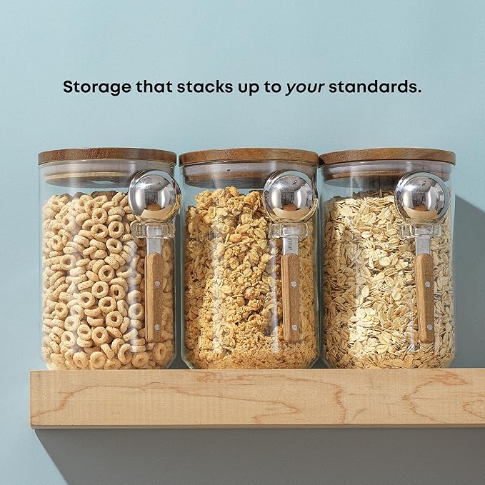 JoyJolt Holden 32oz Stackable Glass Storage Containers with Lids and Scoops, Airtight Food Canister Set of 3 w/Acacia Wood Lids, Round Stacking Pantry and Kitchen Containers w/Scoop | Clear