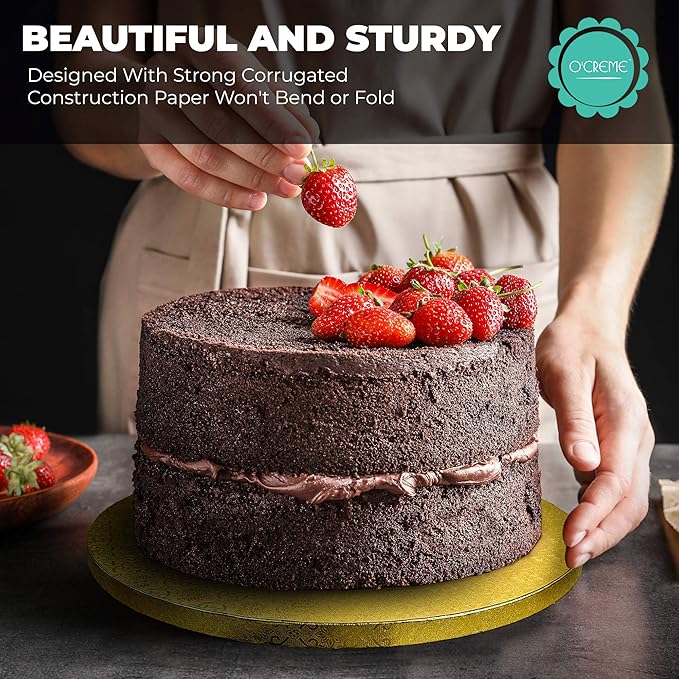 O’Creme Cake Board, Gold Foil Round Cake Circles with Gorgeous Design, Sturdy & Durable 1/2” Thick Cake Drums, Round Cake Boards with 12” Diameter, Pack of 5 Disposable Cake Drums
