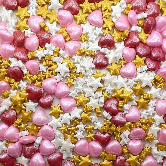 SE Si&Moos White and Gold Star Candy Red and Pink Heart Sprinkles Star and Heart Cake Decorations Edible Stars Valentine Sprinkles for Cakes, Cupcakes, Cookies, Shower Party Birthday Holiday Supplies 3.5 OZ