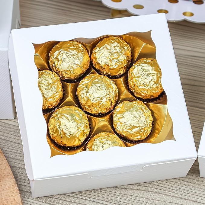 QULIT 50pcs 5x5x2 Inch Cookie Boxes with Window White Bakery Boxes Pastry Boxes for Macaroon Dessert Cupcake Donut Pastry Muffins