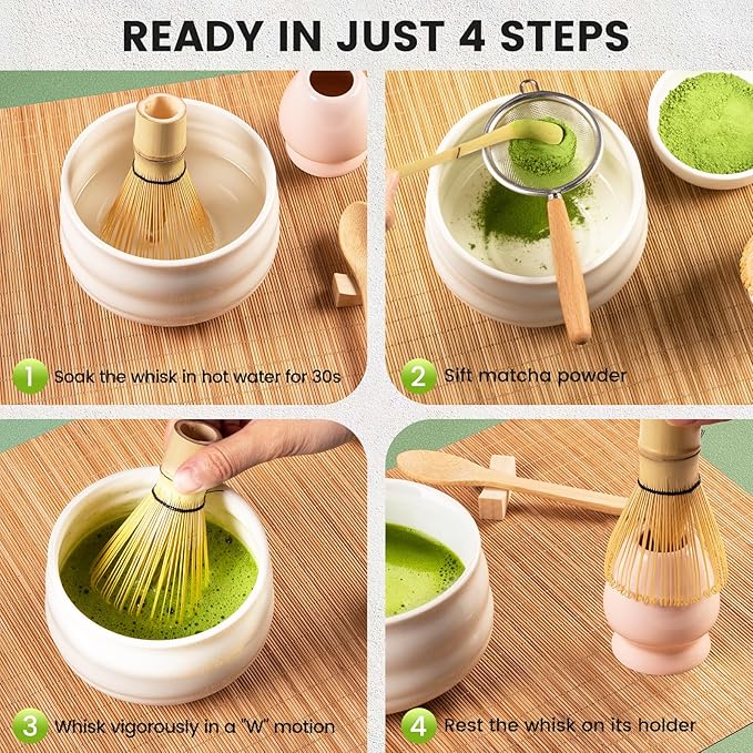 COANTO Matcha Whisk Set - Includes Sifter Bamboo Whisk (Chasen), Tea Spoon, Pink Spoon Holder, Scoop and Whisk Holder, 6pcs (No Bowl Included)