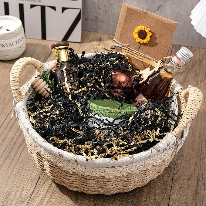 Mefleet 1 LB Crinkle Cut Paper Shred Filler Black & Gold Crinkle Shredded Paper for Gift Box - Gift Basket Bag Filler - Grass Cushion Stuffing for Christmas Holiday Packaging Wrapping