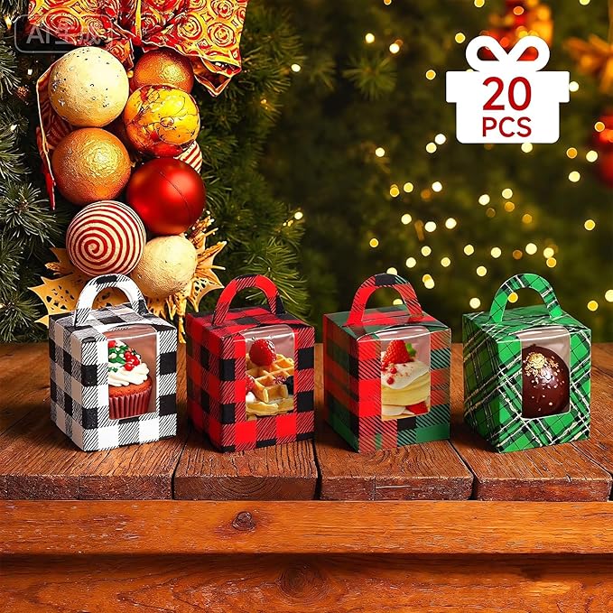 20PCS Christmas Cupcake Boxes, Cookie Boxes with Window Insert Handle Plaid Bakery for Christmas Muffin Pastry Treat Gift Party Favors 3.7" x 3.7" x 4.3"