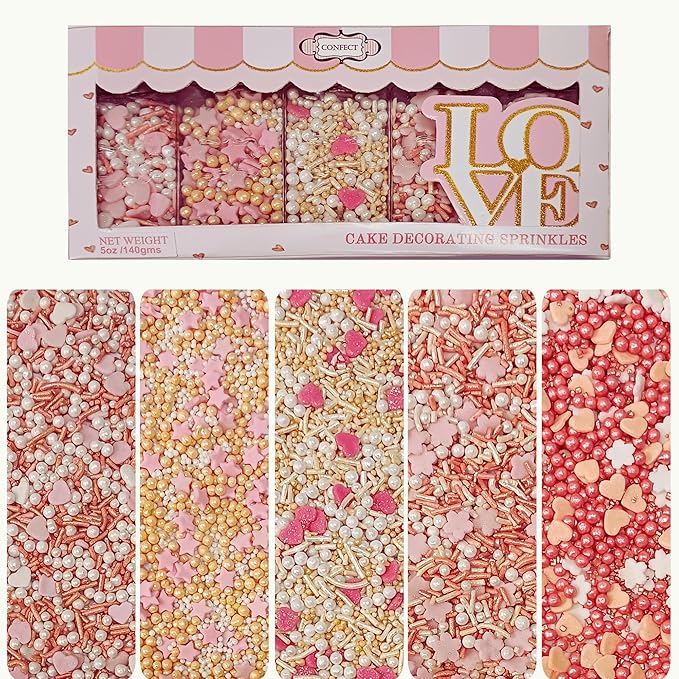 Confect Valentine’s Day Edible Sprinkles Mix – Gold, White & Pink Pearls with Stars & Hearts – Decorative Baking Sprinkles for Cakes, Cupcakes, Cookies & Birthdays- Vegan, Gluten-Free, Nut-Free, Soy-Free, Dairy-Free, Palm Oil-Free -5 Oz