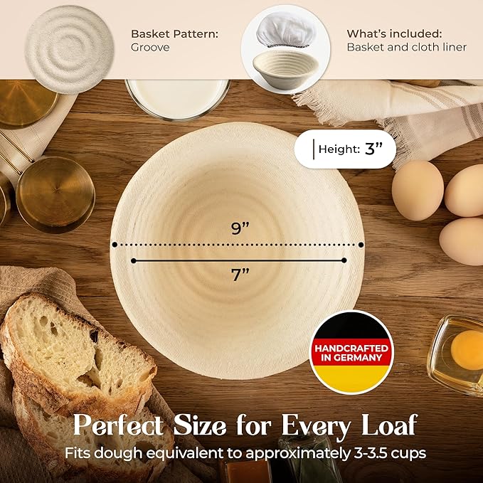 9" Round Wood Pulp Banneton Bread Proofing Basket – 1.5LB Brotform, Grooved Pattern – Non-Stick Natural Wood Pulp Pressed for Durability – Made in Germany Proofing Baskets for Sourdough Bread Baking