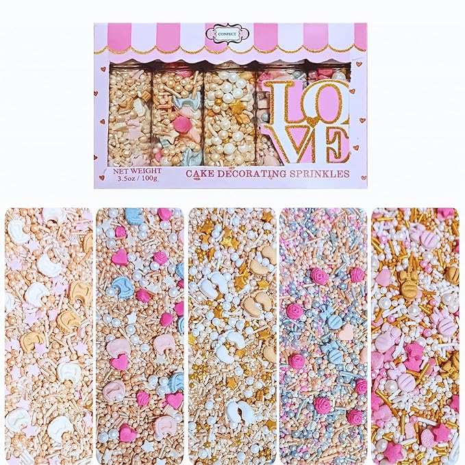 Confect Girls Baby Shower Sprinkles | Mix Gold, Rose Gold, Peach & Pink Sprinkles | Gender Reveal Sprinkles | Assorted Pack of 5 Edible Pearl Sprinkle | Vegan, Gluten-Free, Nut-Free, Soy-Free, Dairy-Free, Palm Oil-Free - 5 Oz