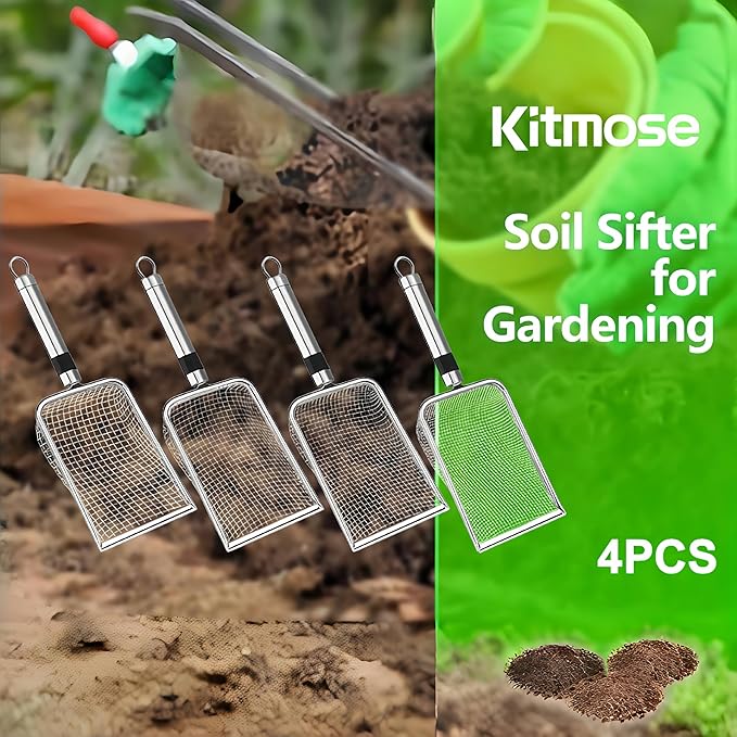 4pcs/Set Stainless Steel Soil Sifter for Gardening 4 Size Garden Sand Compost Sieves Dirt 2/2.8/3.8/5mm Mesh Dirt Rock Scoop Shovels with Handle Indoor Garden Planting Tool Compost