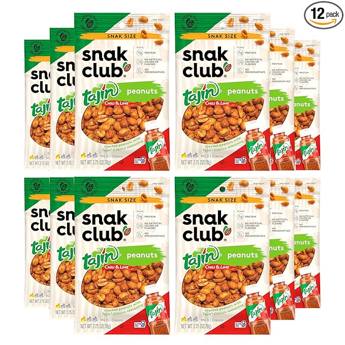 Snak Club Tajin Peanuts, Roasted Nuts with Chili and Lime Seasoning, Mild, Gluten-Free, Kosher Snacks, No Artificial Colors or Flavors, Low Cholesterol, 2.75 oz Snack Bags, 12 Pack
