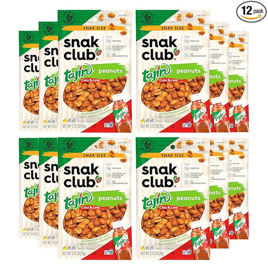 Snak Club Tajin Peanuts, Roasted Nuts with Chili and Lime Seasoning, Mild, Gluten-Free, Kosher Snacks, No Artificial Colors or Flavors, Low Cholesterol, 2.75 oz Snack Bags, 12 Pack