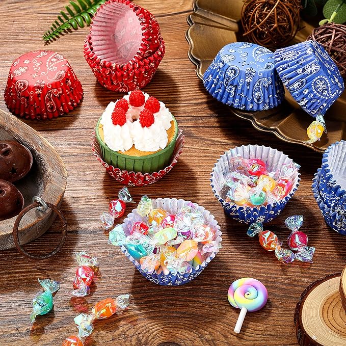 Zonon 200 Pieces Western Cowboy Cupcake Liners Red Blue Bandana Cupcake Wrappers Western Cowboy Birthday Party Supplies for Wedding Holiday Birthday Party Decorations
