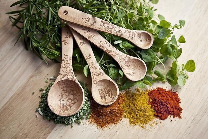 Talisman Designs Laser Etched Beechwood | Set of 4 | Woodland Design | Natural, Wooden Measuring Spoons Set| Cute & Functional Kitchen Tools