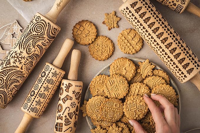 CHRISTMAS TILES Embossing Rolling Pin. Laser Engraved Dough Roller for Embossing Homemade Christmas Cookies by Algis Crafts