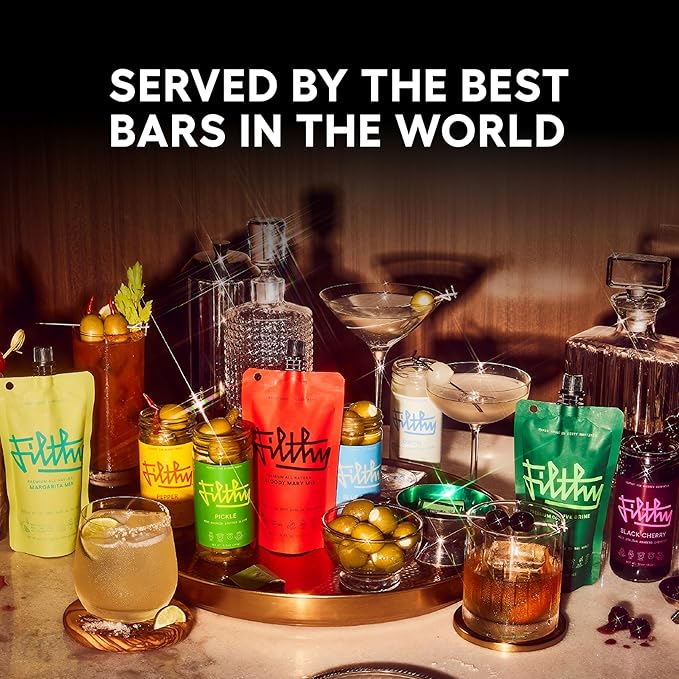 Filthy Olive Brine, Premium Cocktail Mixer, Filtered for Dirty Martinis, Olive Juice for Cocktails Made from Naturally Cured Olives, Non-Alcoholic, Non-GMO, Gluten Free, 8 Oz Pouch, 2 Pack