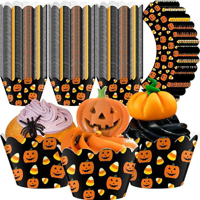 Domensi 100 Pcs Halloween Pumpkin Cupcake Wrappers Rustic Cupcake Liners Pumpkin Candy Corn Baking Cups Baking Liners for Wedding Bridal Baby Shower Birthday Halloween Party Supplies Dessert Decors