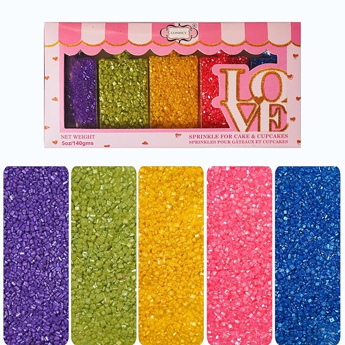 Confect Sparkling Sugar for Baking & Cake Decoration | Assorted pack of 5 Rainbow Sparkling Sugar Sprinkles Mix Purple, Parrot Green, Yellow, Bright Pink & Poppy Blue | Vegan, Gluten-Free, Nut-Free, Soy-Free, Dairy-Free, Palm Oil-Free - 5 Oz