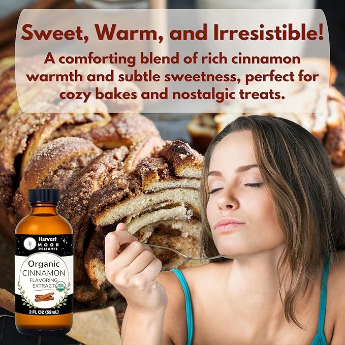 Organic Cinnamon Flavoring Extract for Baking, Ice Cream, Drinks, and Candy - 2 oz - Water-Soluble - By Harvest Moon Delights - Pure Cinnamon Extract, Flavoring, Flavor