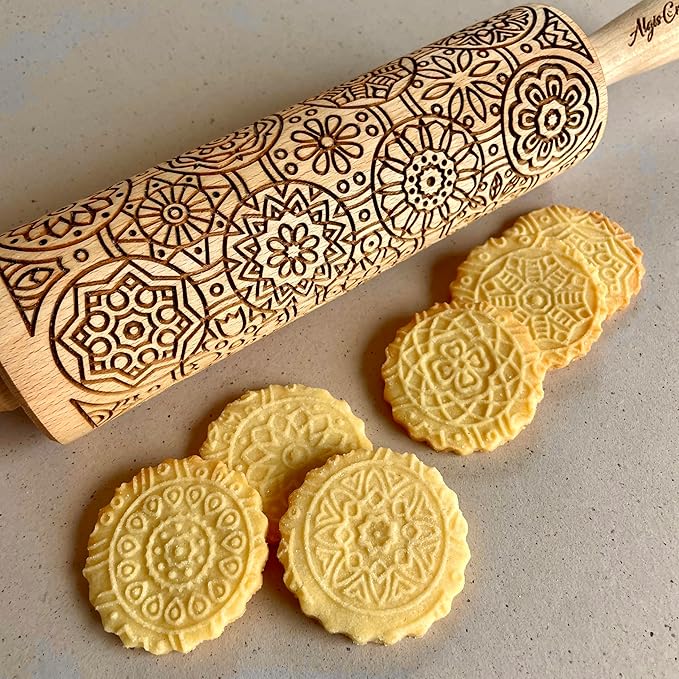 Mandala Embossing Rolling Pin – Dough and Clay Roller for Embossed Cookies and Pottery, Cookie and Ceramic Stamp, Baking Gifts for Women by Algis Crafts