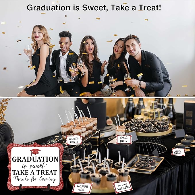 20PCS Graduation Candy Buffet Labels, 1 Red Glitter Candy Buffet Table Sign with Stand, Catering Supplies Display for Graduation Decorations Class of 2026 -A04-2