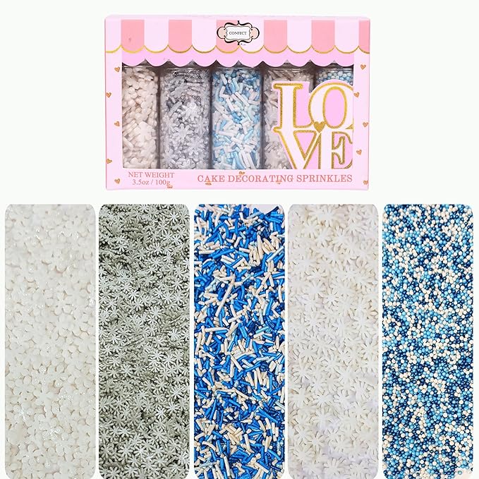 Confect Christmas Sprinkles | Frozen Mix Blue Pearls | Silver & White & Snowflakes | White Flower Sprinkle | Christmas Jimmies Sprinkles - 5 Oz