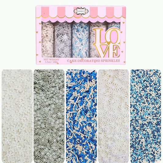 Confect Christmas Sprinkles | Frozen Mix Blue Pearls | Silver & White & Snowflakes | White Flower Sprinkle | Christmas Jimmies Sprinkles - 5 Oz