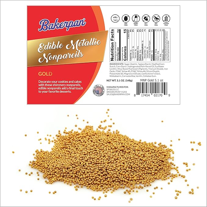 Bakerpan Edible Gold Nonpareils Sprinkles for Cupcakes, Gold Sprinkles Edible for Cake Decorating - 5.1 Ounces (Made in USA)