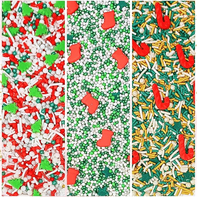 Confect Christmas Sprinkles | Christmas Sprinkles - Green White Silver Red & Gold Pearls Sparkling sugar I Christmas Tree Stocking & Candy Canes for Dessert Decorating- 5 Oz