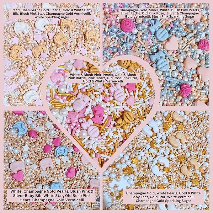 Confect Girls Baby Shower Sprinkles | Mix Gold, Rose Gold, Peach & Pink Sprinkles | Gender Reveal Sprinkles | Assorted Pack of 5 Edible Pearl Sprinkle | Vegan, Gluten-Free, Nut-Free, Soy-Free, Dairy-Free, Palm Oil-Free - 5 Oz