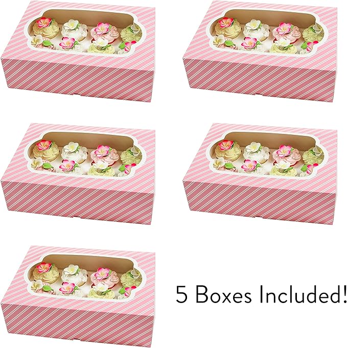 Global Sugar Art Auto-Popup Quarter Sheet Cake & Cupcake Box with Window and Cupcake Insert, Pink Striped 14 x 10 x 4 Inches, 5 Count