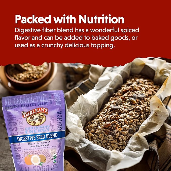 Barlean's Organic Digestive Seed Blend Fiber Supplement with Whole Chia, Ground Flax and Pumpkin Seeds, Quinoa, and Coconut, Rich in Omega 3 and Dietary Fiber, 12 oz