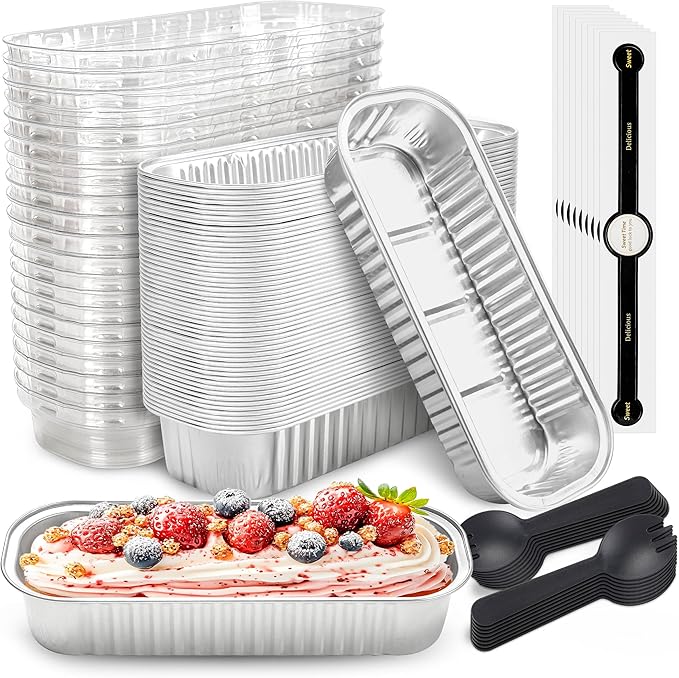 50 PACK Mini Cake Pans with Lids and Spoons, Rectangular Aluminum Foil Bread Pan, Mini Loaf Pans and Food Containers with Lids(Silver, 6.8oz)
