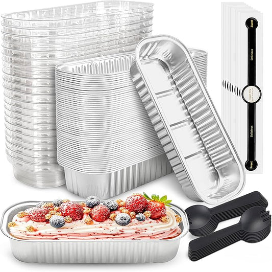 50 PACK Mini Cake Pans with Lids and Spoons, Rectangular Aluminum Foil Bread Pan, Mini Loaf Pans and Food Containers with Lids(Silver, 6.8oz)