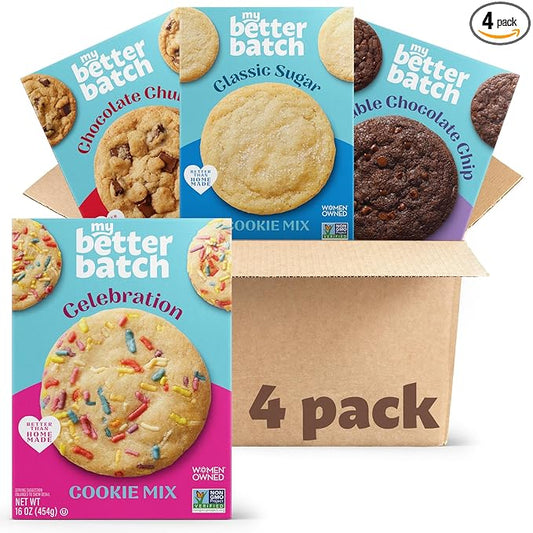 My Better Batch, Try Them ALL: Chocolate Chip, Double Chocolate, Sugar, Celebration Cookie Mix Variety Pack, Simple Cookie Recipe, Makes 64 Large Cookies, Non GMO, Kosher, 16oz (Pack of 4)