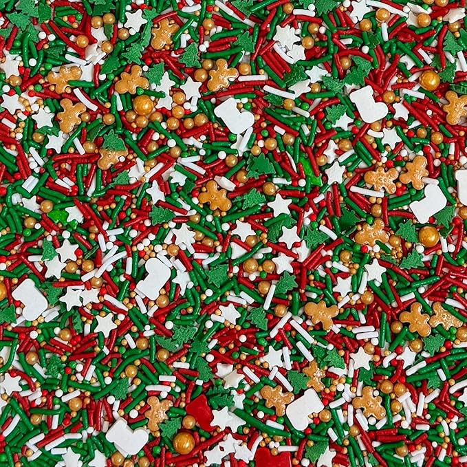 Fancy Sprinkles Limited Edition Holiday All Wrapped Up Red and Green Crunchy Sprinkles (Fancy's signature inclusion), Christmas Tree Shapes, White Stars, Nonpareils, Gingerbread Men and Stocking Shapes (0.5c)